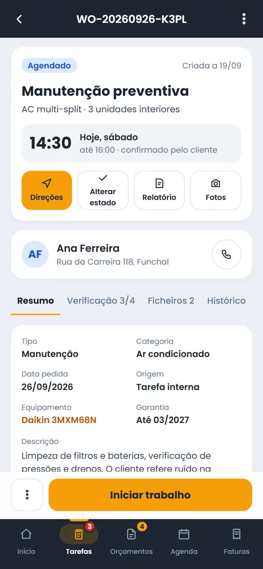 A intervenção aberta no telemóvel do técnico, com o botão para iniciar