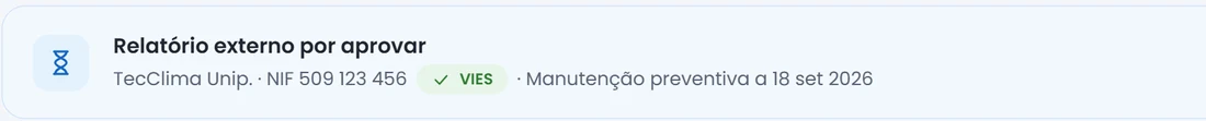 Relatório externo por aprovar, da TecClima, com o NIF da empresa verificado