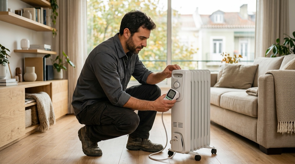 Técnico português a verificar a instalação de um aquecedor elétrico numa sala