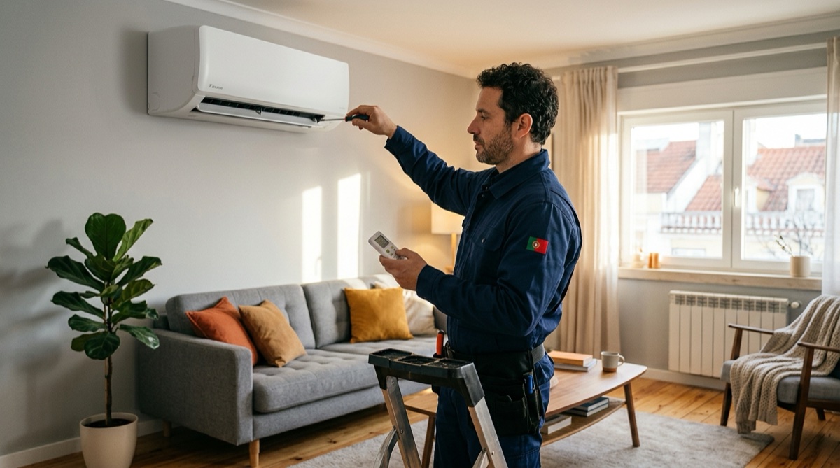 Técnico a configurar o ar condicionado a aquecer em modo calor numa sala portuguesa