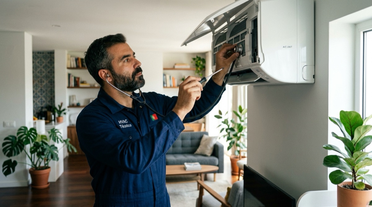 Técnico português a diagnosticar ar-condicionado a fazer barulho numa habitação