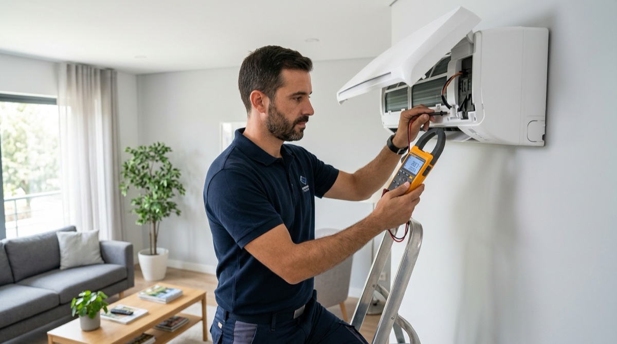 Técnico português a verificar o consumo energético de um ar condicionado com um medidor de potência