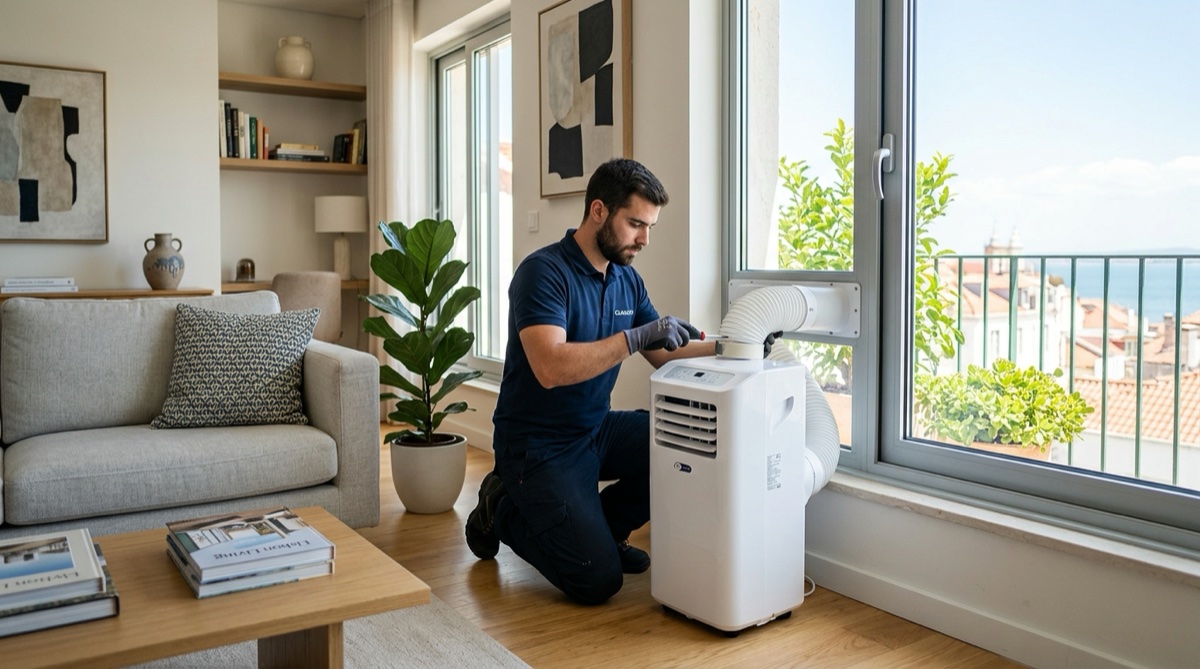 Técnico português a instalar ar condicionado portátil numa sala de estar