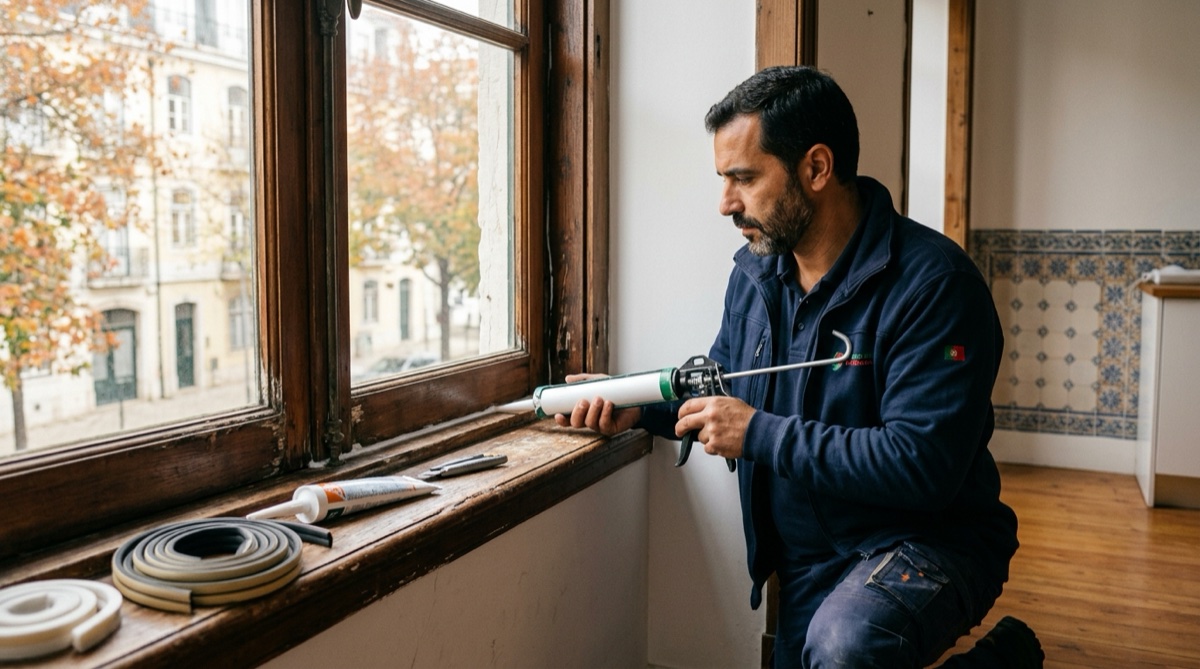 Técnico português a calafetar janelas com silicone para eliminar correntes de ar