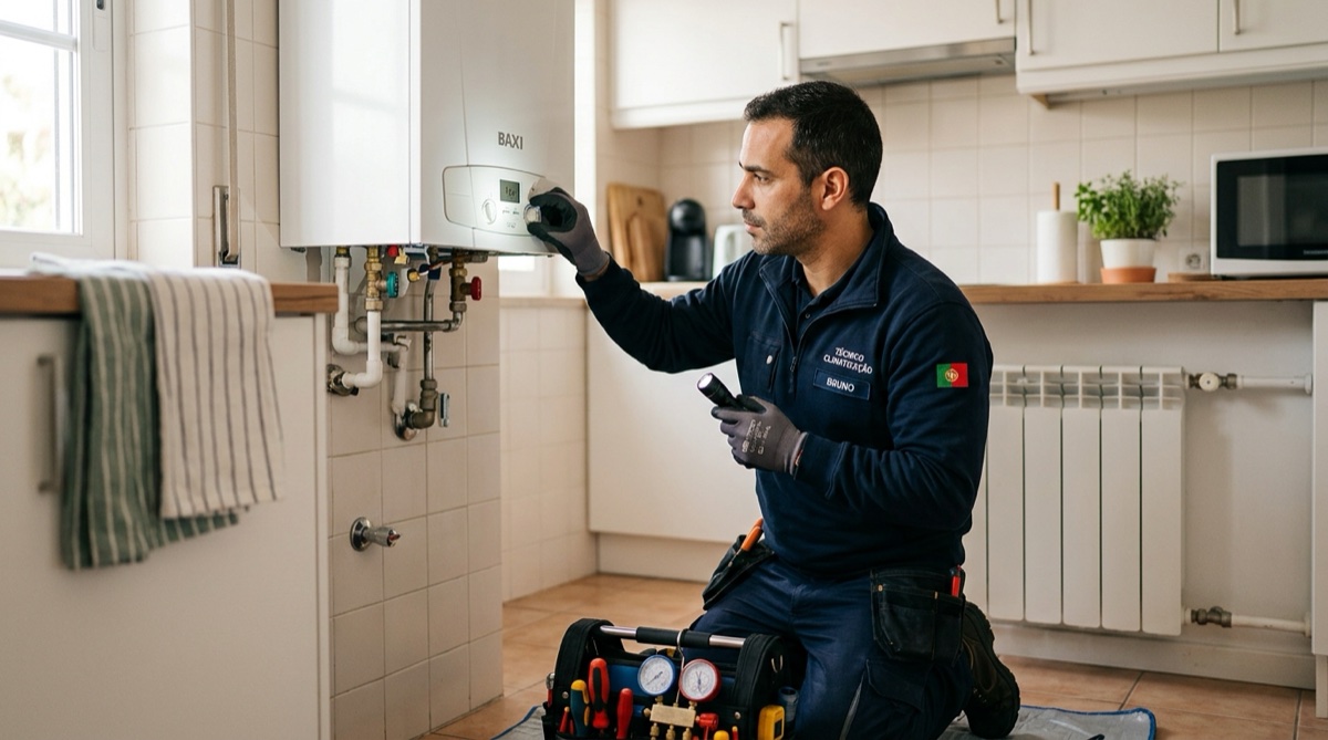 Técnico a verificar o manómetro de uma caldeira que perde pressão numa casa em Portugal