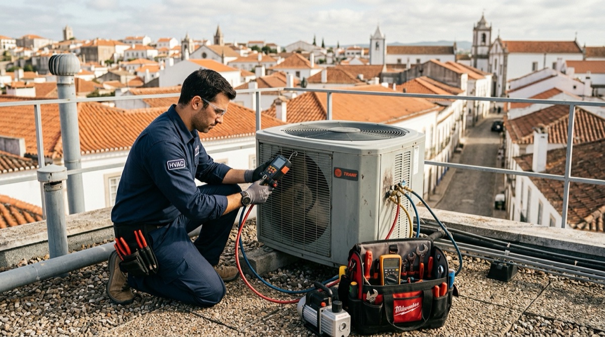 Técnico certificado F-Gas a fazer carga de gás num ar condicionado split em Portugal