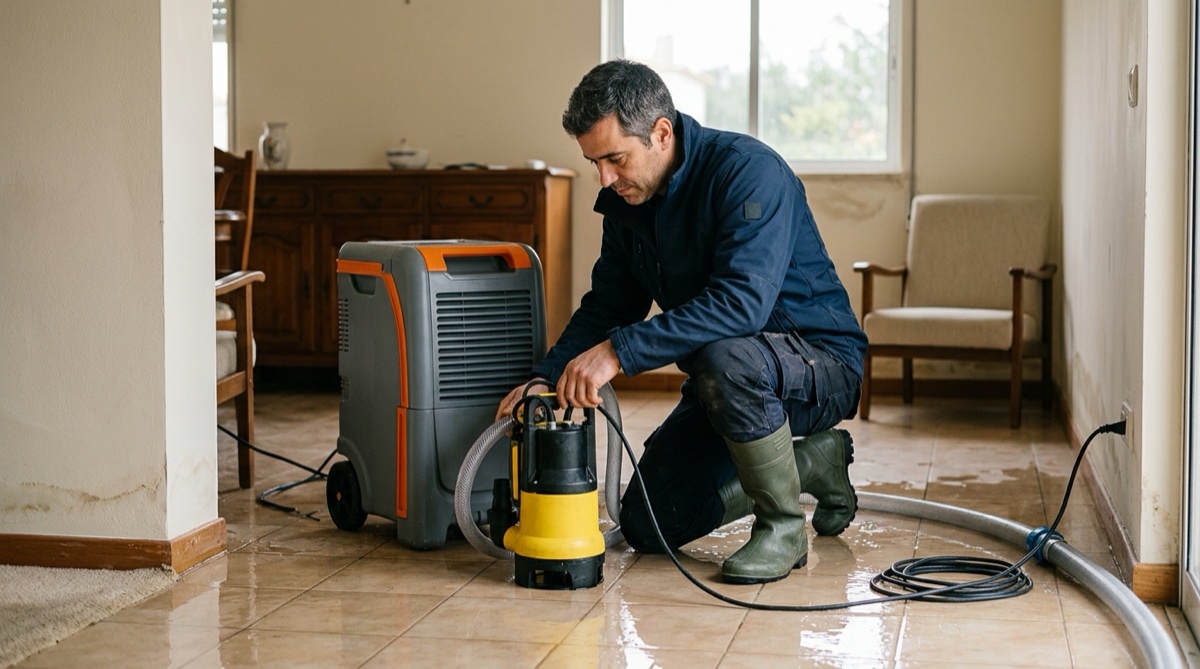 Técnico a avaliar os danos numa casa inundada em Portugal com bomba de água e desumidificador