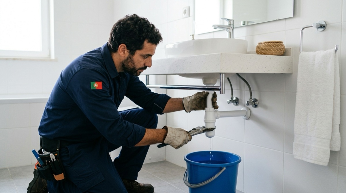 Canalizador a inspecionar o sifão do lavatório para eliminar o cheiro a esgoto em casa