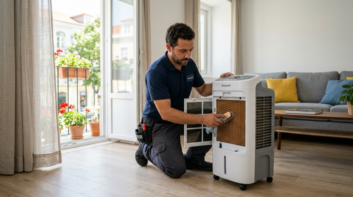 Técnico português a fazer manutenção a um climatizador evaporativo numa sala durante o verão