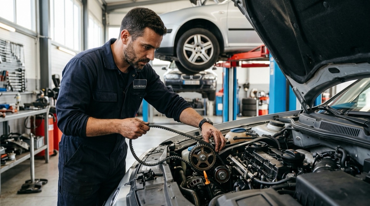 Mecânico português a substituir a correia de distribuição de um motor em oficina