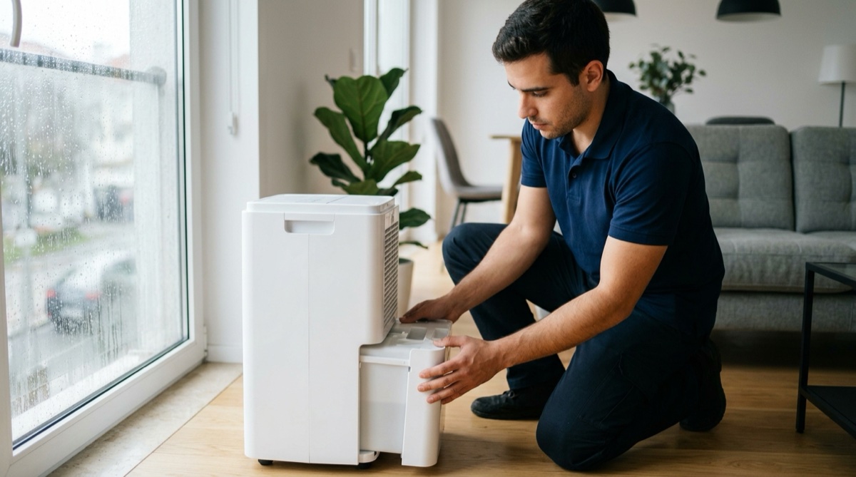 Técnico português a fazer manutenção a um desumidificador numa sala de habitação
