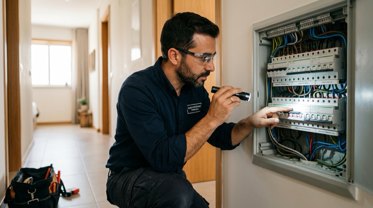 Eletricista a verificar um disjuntor que dispara no quadro elétrico de uma casa