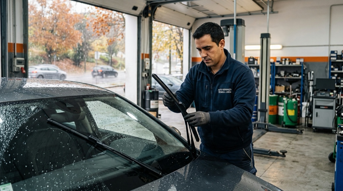 Mecânico português a substituir as escovas limpa-para-brisas de um automóvel numa oficina