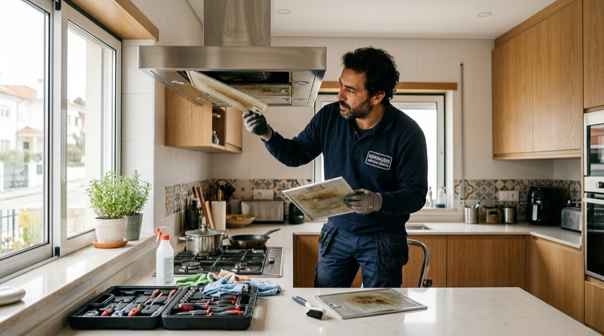 Técnico português a reparar um exaustor de cozinha que não puxa o fumo