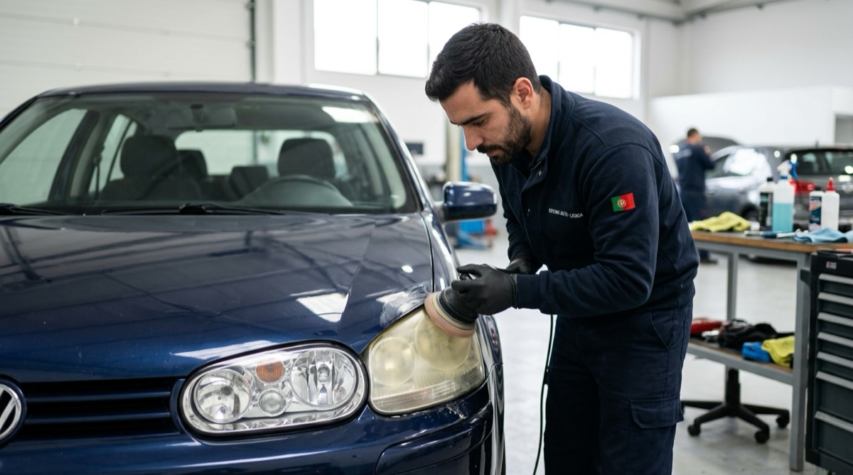Técnico a restaurar faróis amarelados de um automóvel numa oficina em Portugal