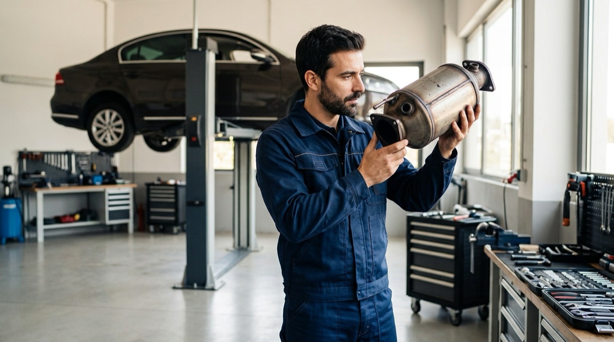 Mecânico português a inspecionar um filtro de partículas entupido no escape de um automóvel diesel