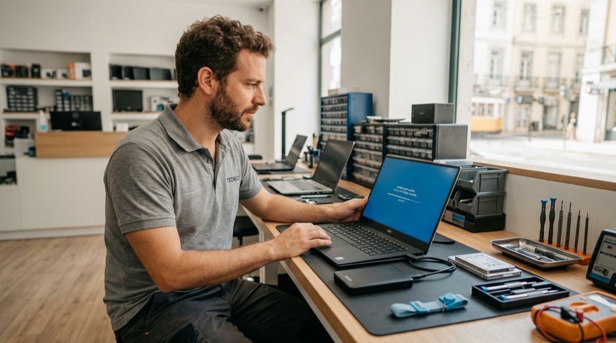Técnico informático a atualizar um portátil do Windows 10 para o Windows 11 antes do fim do suporte