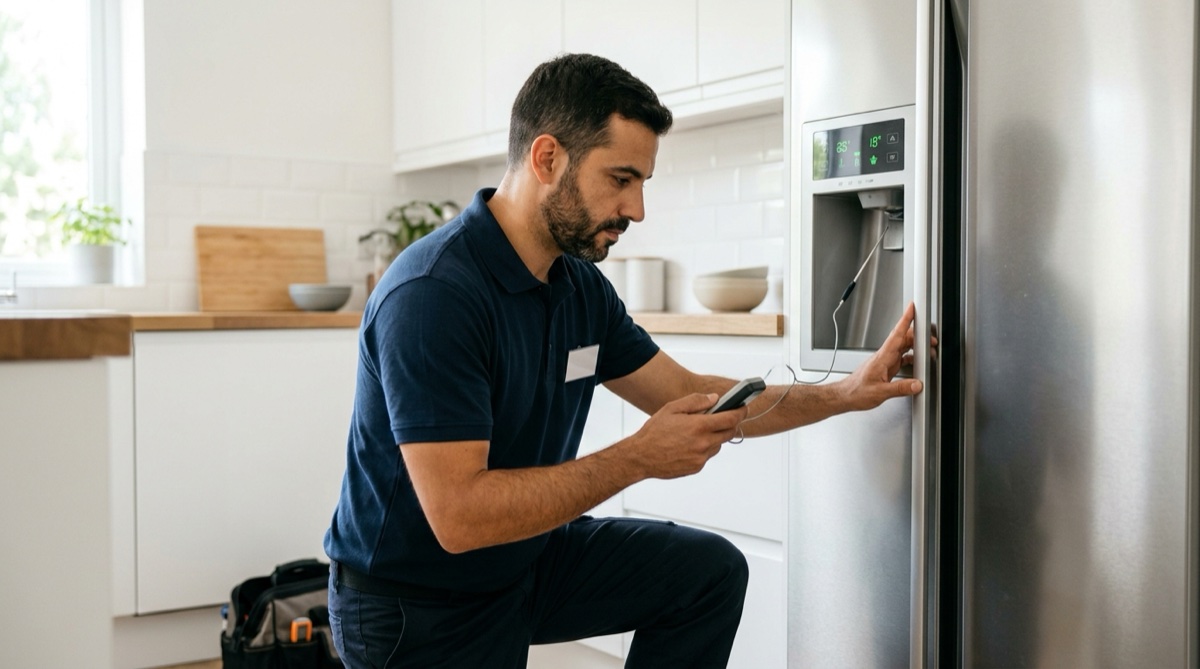 Técnico a verificar o consumo de energia de um frigorífico no verão