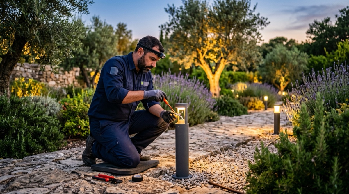 Técnico português a instalar iluminação exterior LED num jardim, com projetores e balizas IP65