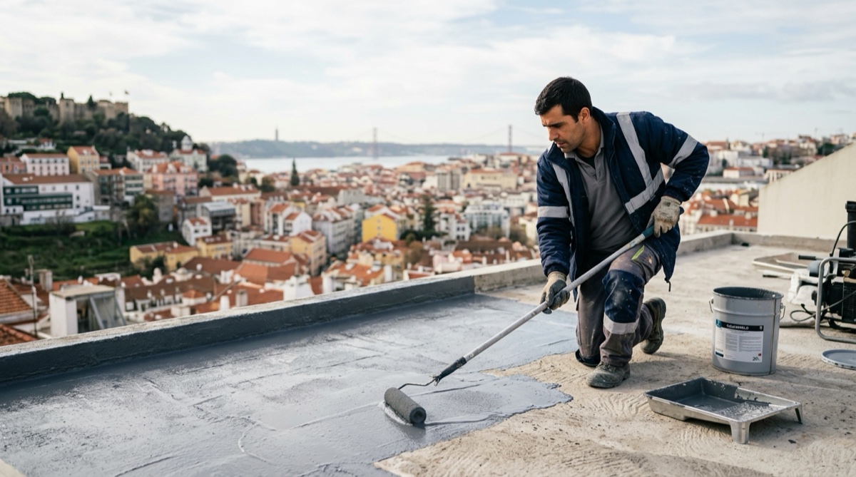 Técnico a impermeabilizar terraço em Portugal com membrana líquida
