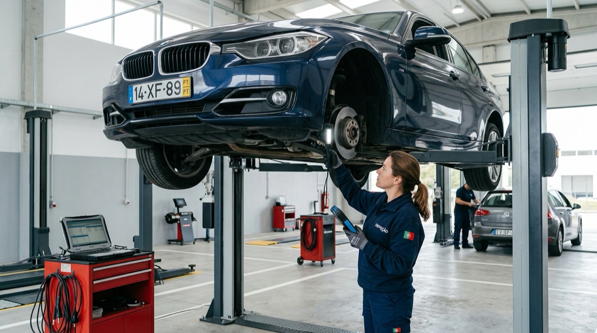 Técnico a realizar inspeção automóvel ITV em Portugal 2026