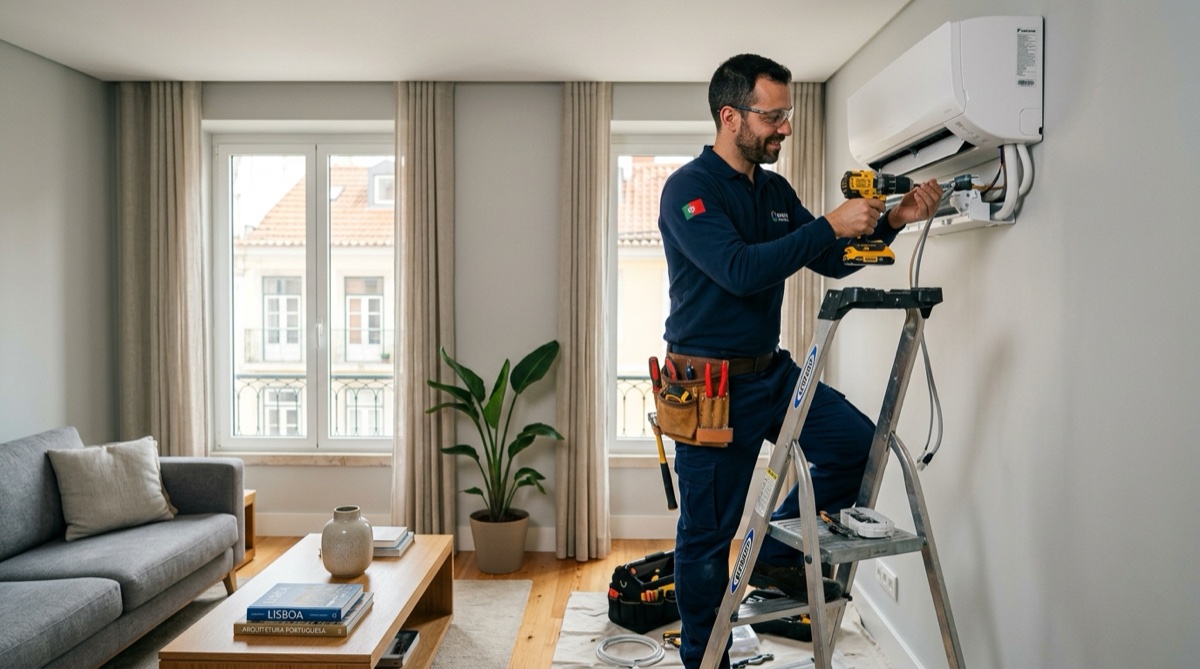 Técnico certificado a instalar unidade interior de ar condicionado split numa divisão moderna em Portugal