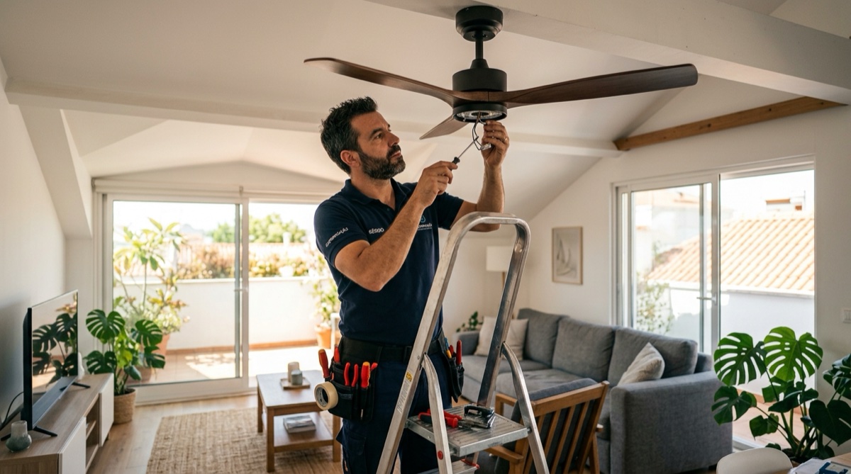 Electricista a instalar ventilador de teto em sala portuguesa