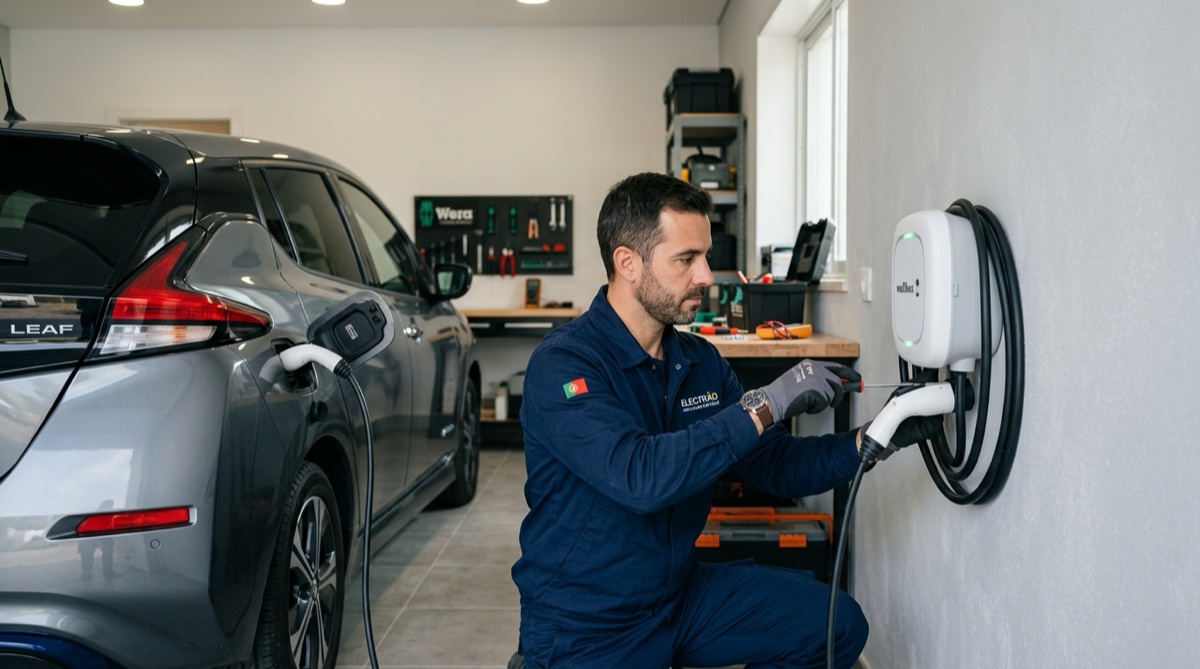 Eletricista português a instalar wallbox para carro elétrico em garagem