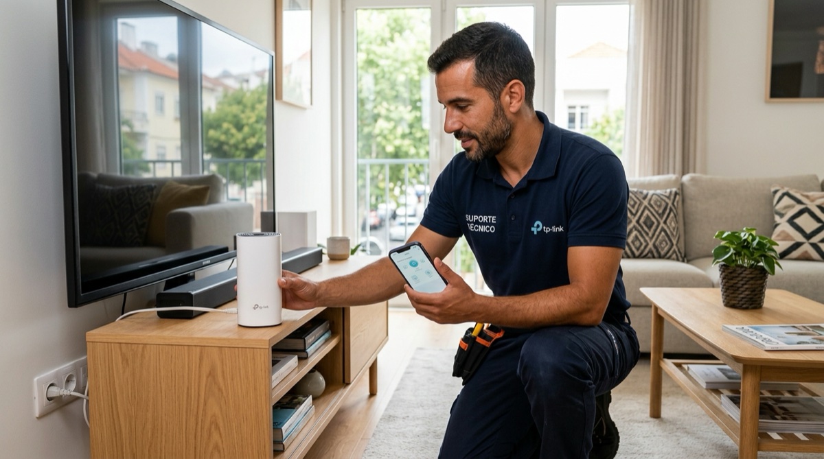 Técnico português a instalar e configurar um sistema Wi-Fi mesh numa casa moderna em Portugal