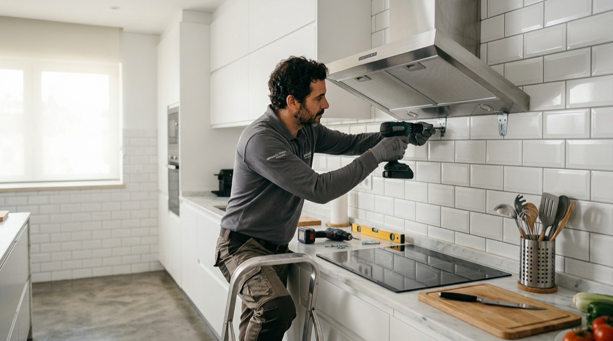 Técnico português a instalar exaustor de cozinha em parede de azulejos