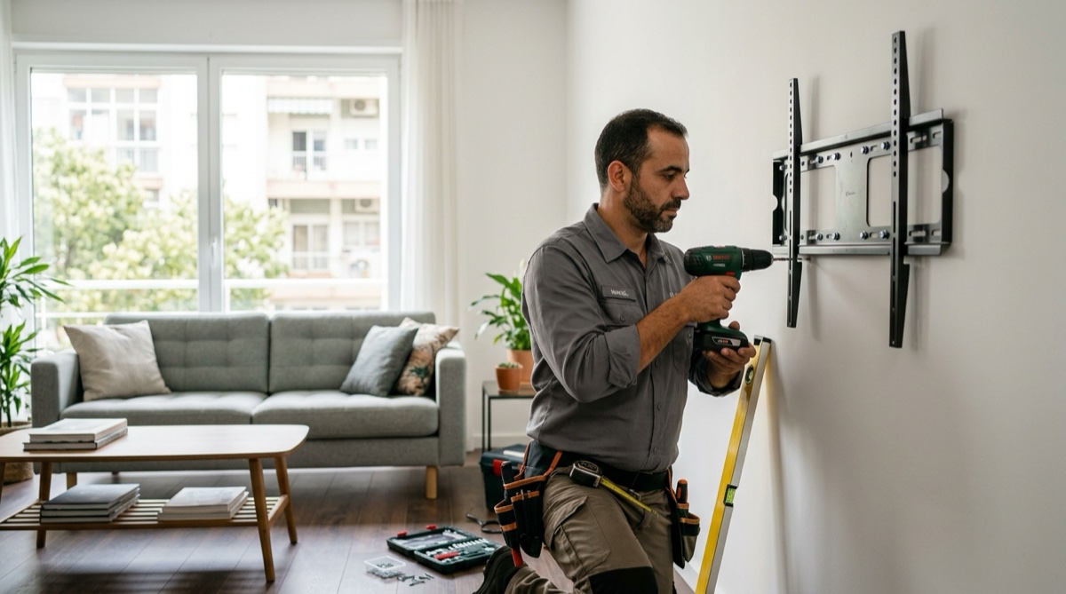 Técnico português a instalar suporte de TV na parede de uma sala moderna em Portugal