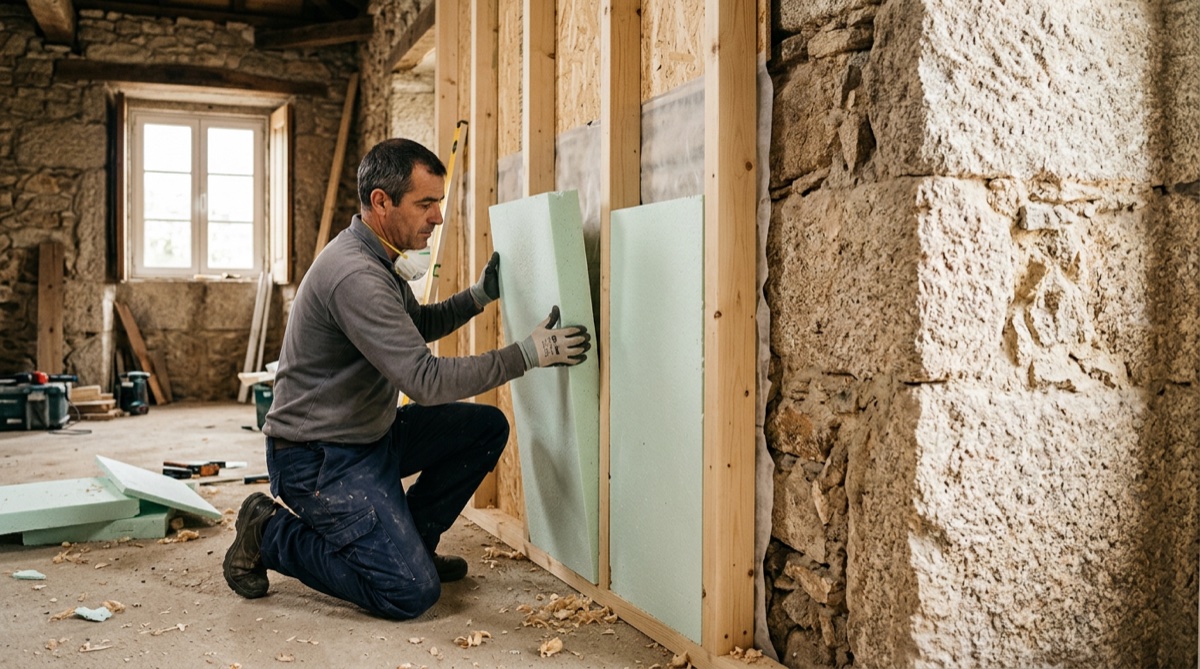 Instalação de isolamento térmico em parede exterior de casa em Portugal