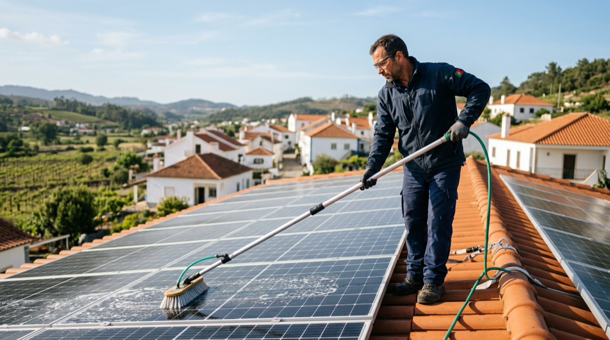 Técnico português a limpar painéis solares no telhado de uma moradia