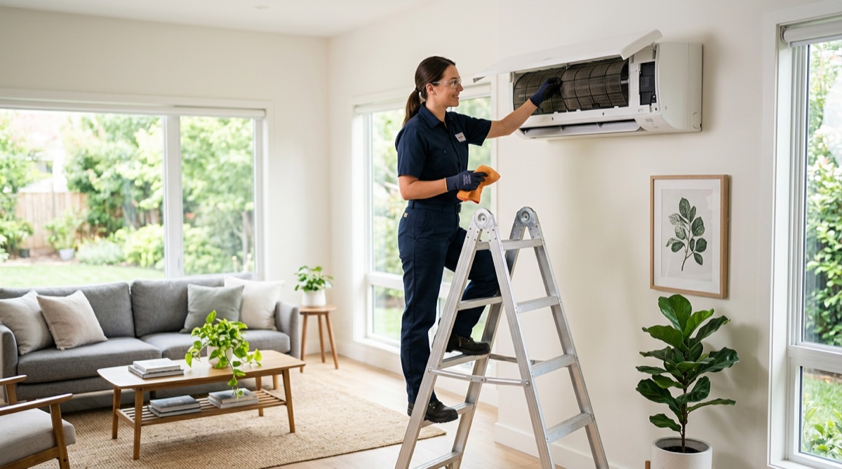 Técnico a fazer manutenção de ar condicionado split em casa portuguesa