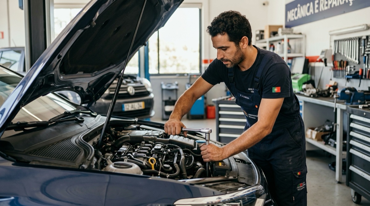 Mecânico a realizar manutenção automóvel completa numa oficina em Portugal