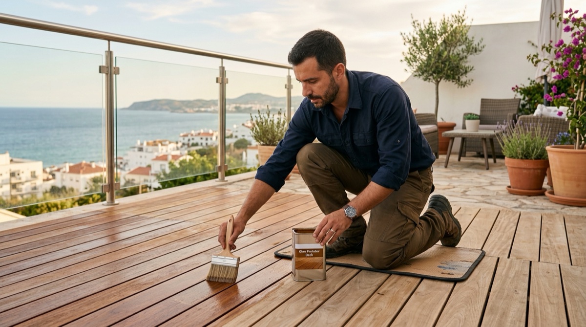 Técnico português a aplicar óleo de manutenção num deck de madeira de terraço no verão
