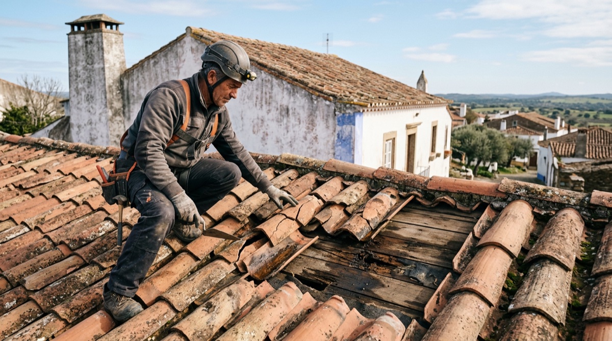 Manutenção preventiva de telhado para evitar infiltrações em casa portuguesa