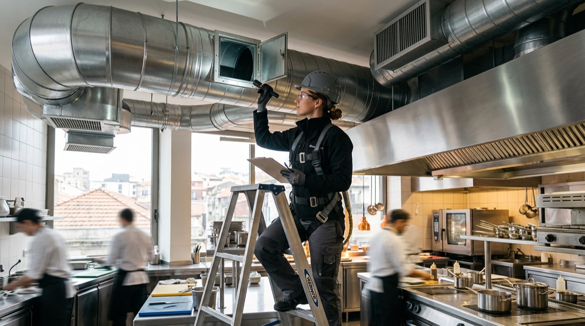 Técnico a inspecionar sistema de ventilação e condutas numa cozinha profissional em Portugal