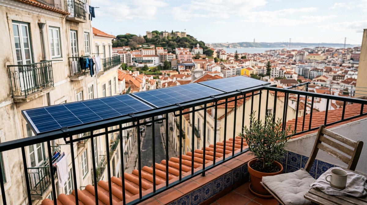 Painéis solares instalados na varanda de apartamento em Portugal