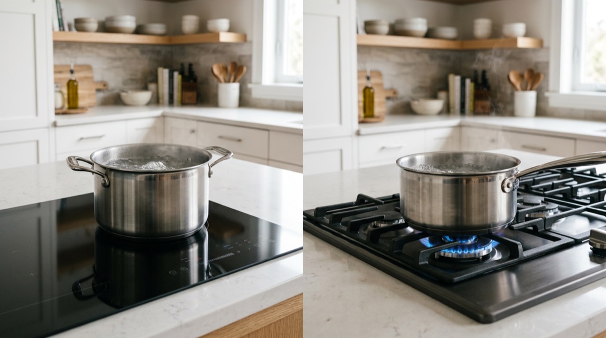 Comparação entre placa de indução e placa a gás numa cozinha portuguesa