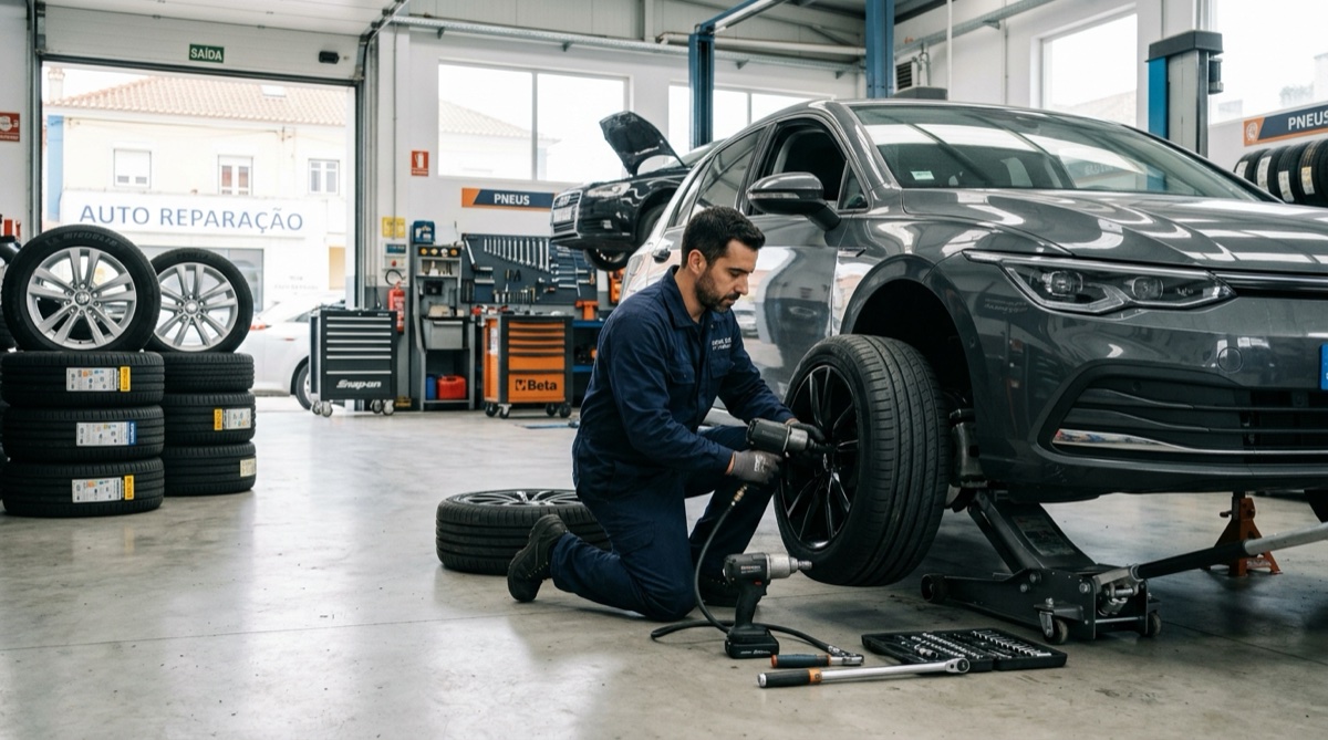 Troca de pneus de inverno para pneus de verão num automóvel em Portugal