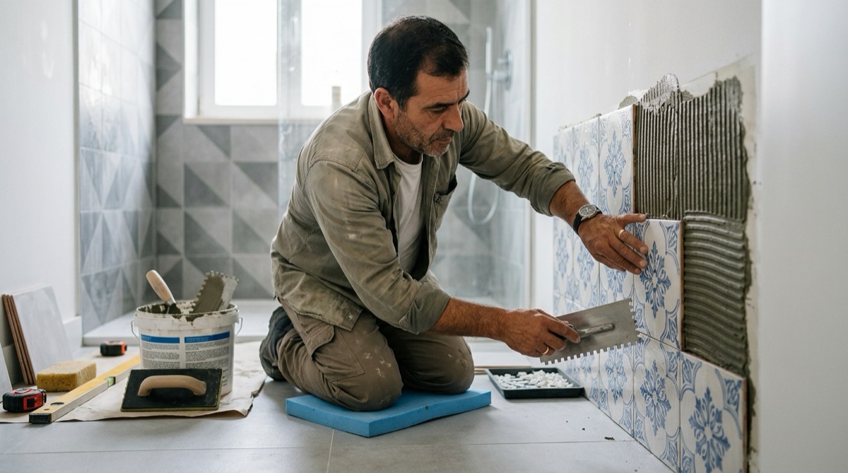 Técnico português a reparar azulejos partidos na parede da casa de banho