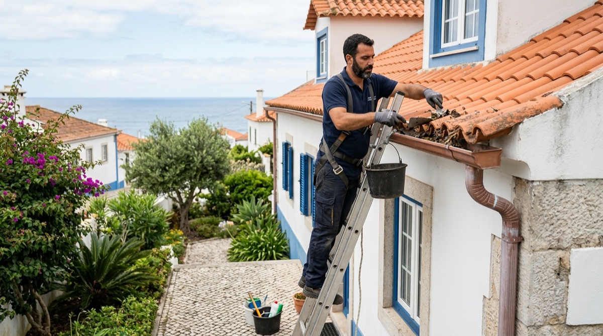 Técnico português a reparar calhas e algerozes de telhado em Portugal