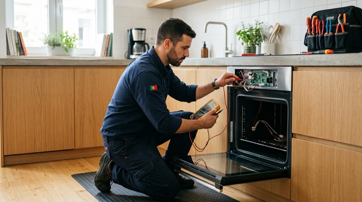 Técnico a reparar forno elétrico com ferramentas de diagnóstico