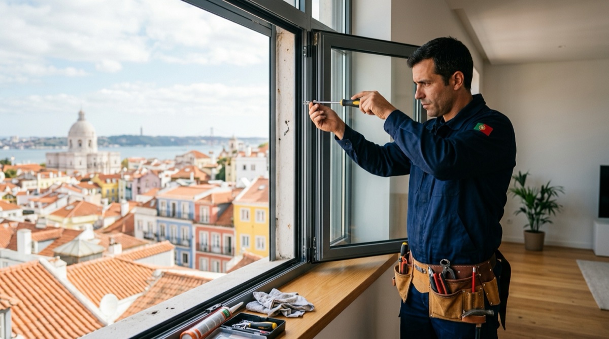 Profissional a reparar caixilharia de janela PVC em habitação portuguesa