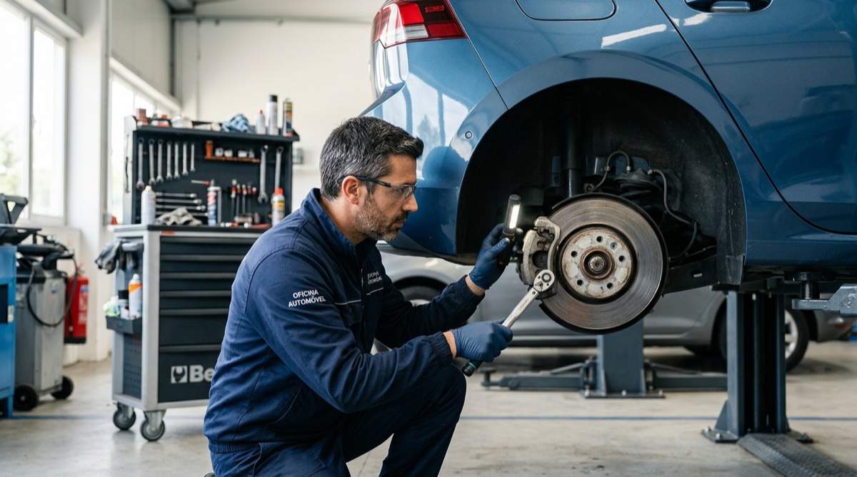 Técnico automóvel português a reparar discos e pastilhas de travão num carro