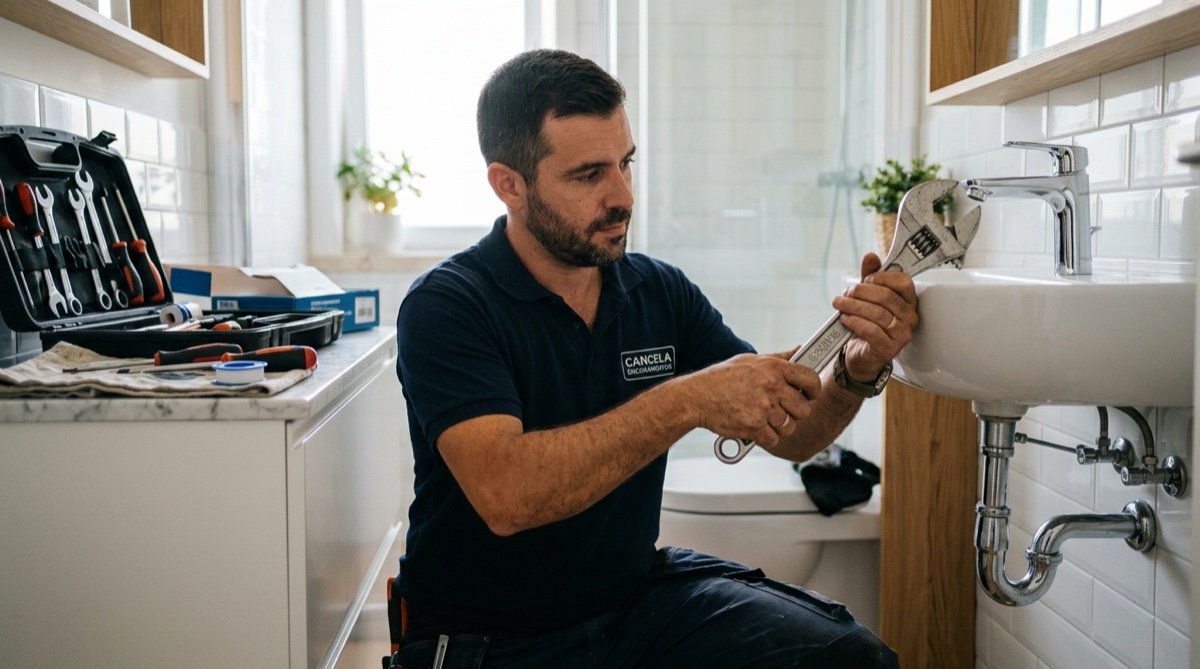 Técnico canalizador a substituir torneira misturadora de lavatório em casa de banho portuguesa